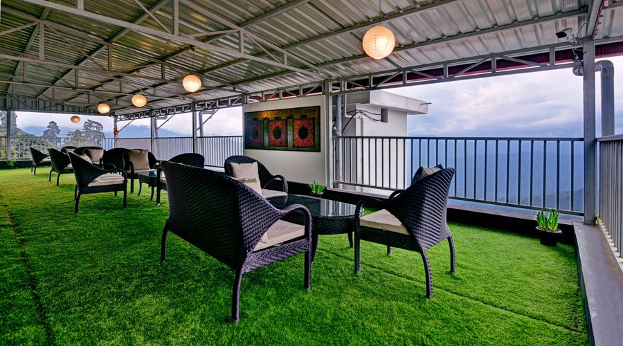 Rooftop deck and lounge with beautiful view of Himalayas