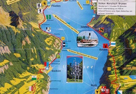 La Voie Suisse / Weg der Schweiz (carte du parcours à partir du Grütli/Seelisberg à Brunnen, autour du lac d'Uri).