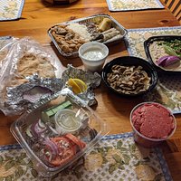 Combo Platter of Tabbouleh, Baba Ganouj & Hoummos bi Tahini (one of the items had an amazing smoky flavor!). And the "Assortments" (Stuffed Squash, Cabbage, Grape leaves, Baked Kibbee, Lima Beans and Rice). Raw Kibbee too (hard to find). And some Sliced Tomato, Cucumber & Olives with Feta Cheese too, as well as some Laban (tasty middle east yogurt!). Also got a side of Sautéed Mushrooms in a very tasty buttery sauce.