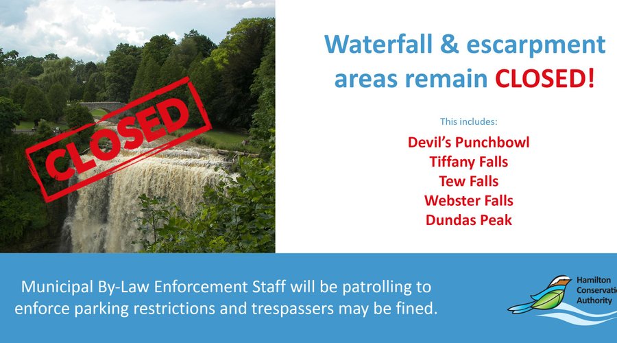 COVID19 Waterfall and escarpment areas will remain closed until further notice. These areas pose a particular difficulty for physical distancing as their natural features and limitations mean that the trail systems are narrow and there are natural gathering areas such as lookouts and trail head entrances. A date has not been set for their opening.
