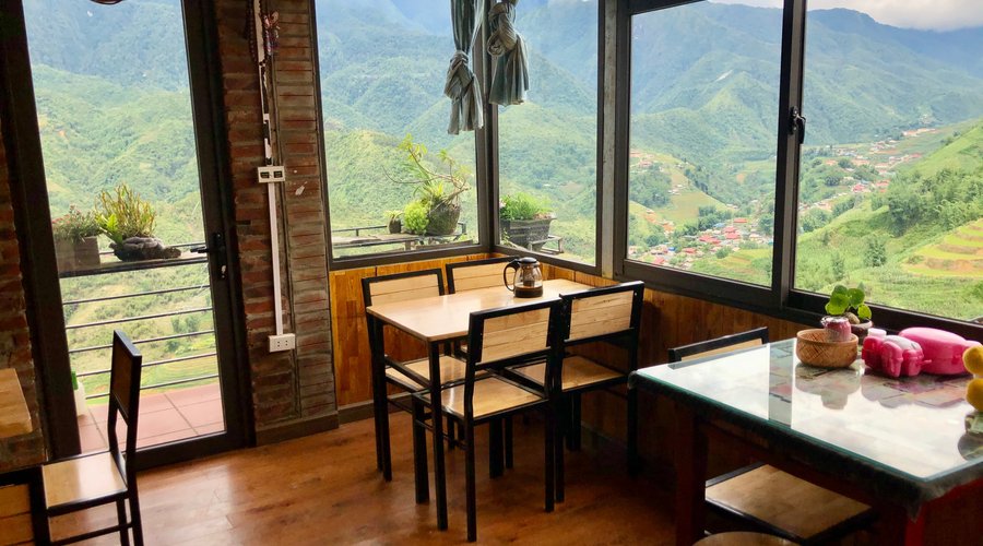 Dining room area has a spectacular view  of Sapa Valley.