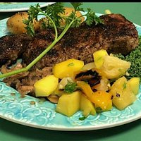 Rib eye steak, pineapple / mango salsa, new potatoes