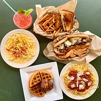 Steak & Cheese, Pasta Bolognese, Chicken & Waffles, Lobster Mac & Cheese, Strawberry Basil Margarita, Grilled Chicken Caprese Sandwich