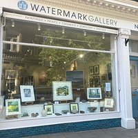 The main shop window at Watermark Gallery Harrogate. We sell a full range of original paintings, limited edition prints, children's book illustration, contemporary jewellery, sculpture and glass.