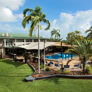 View of the pool from an upstairs room balcony