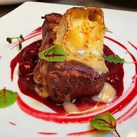 Venison steak with Morello cherry sauce & Grilled Camembert