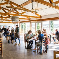 Restaurant dining room with social distancing.