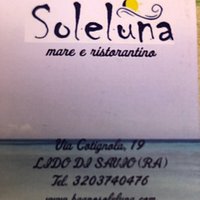Bagno soleluna Siamo stati venerdì scorso a cena nel ristorante Soleluna, serata stupenda ed è stato incantevole poter cenare nel dehor sulla sabbia sentendo sotto i piedi la sabbia oramai fresca e gustare la cucina a base di mare proposta... Pesce freschissimo, cozze sublimi e fritto misto da non perdere il tutto accompagnato da ottimo prosecco consigliato da Michele.. se siete in zona merita di essere provato a pranzo come a cena ...