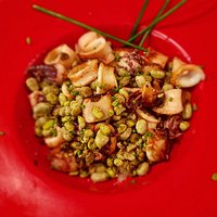 Salteado de calamar con habitas tiernas y cebolla caramelizada.
