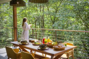 El Silencio Lodge & Spa in Bajos del Toro, image may contain: Balcony, Building, Brunch, Food
