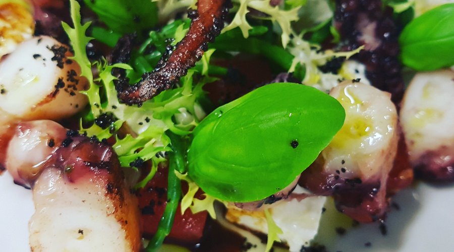 octopus with olive crumb