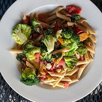 Whole wheat "shrimp" pasta, modified to meet our vegetarian needs.