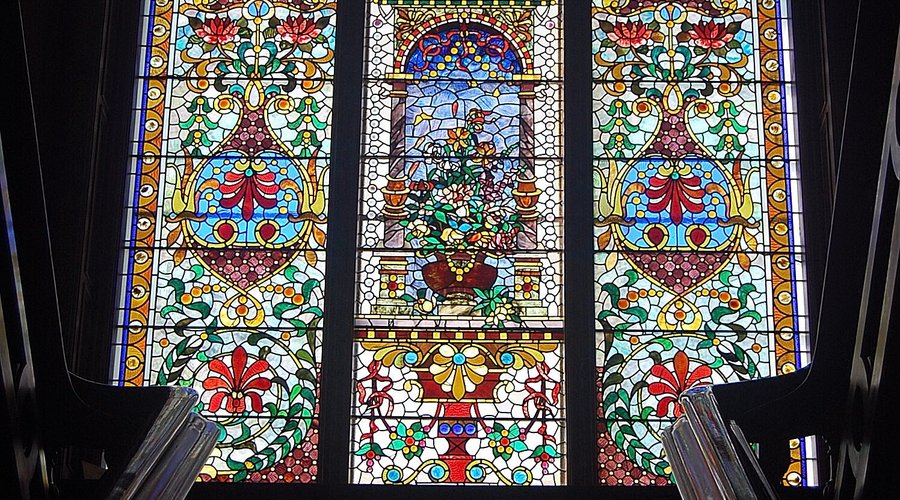 Stained glass on stair landing