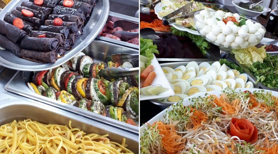 Panqueca de chocolate e saladas 