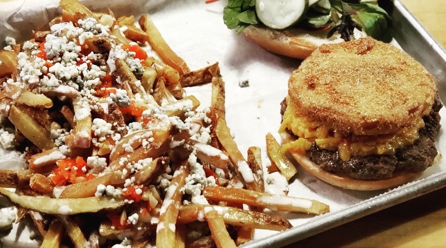 Pimento cheeseburger with fried green tomato and Blue Cheese fries