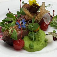 Duck breast with pea puree and forest fruits sauce