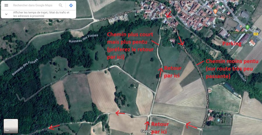 Petit plan pour vous repérer. Je conseille de commencer par le côté le moins raide (rue du theur) et revenir par le chemin le plus raide.