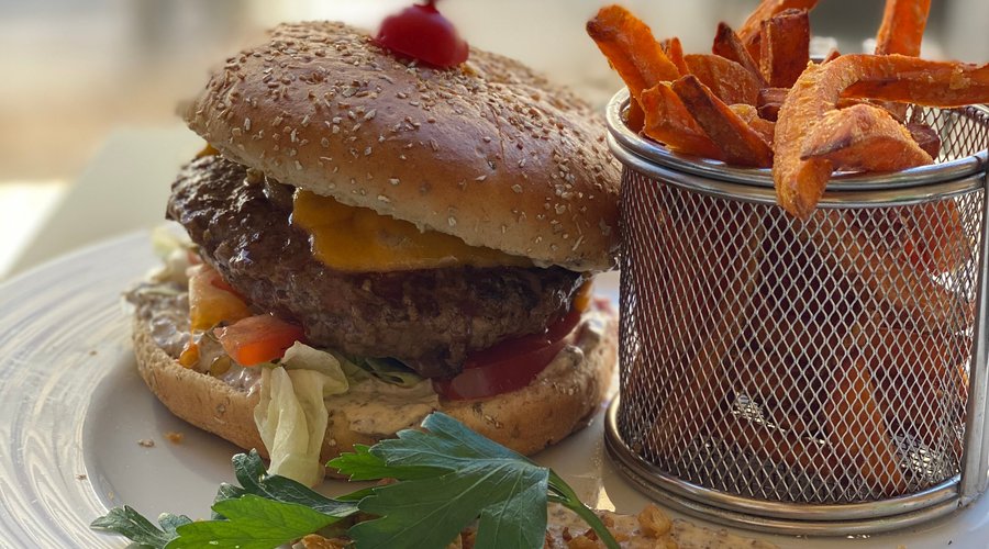 New Angus burger with truffle mayo and sweet potatoes