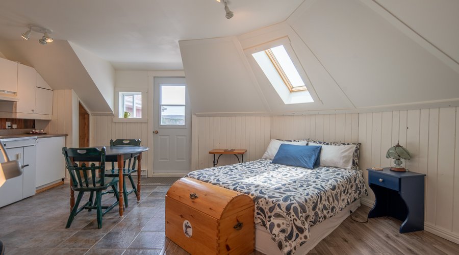 The Nest in the Woods. A cozy studio suite with kitchenette and large private patio overlooking the lake. Private entry and bath. 