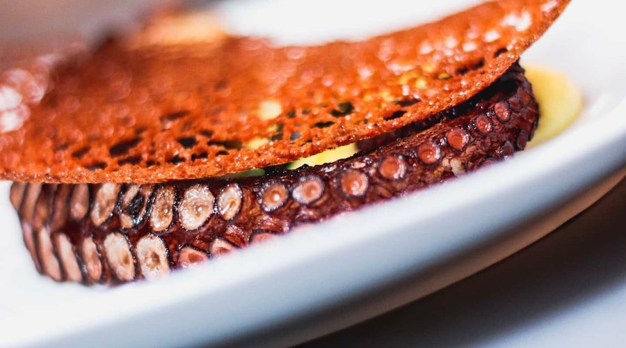 Pulpo crujiente, puré de patata con ají amarillo y teja de pimentón dulce