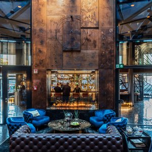 Lobby with fireplace