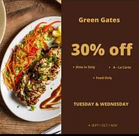 30% DISCOUNT(on food only) on Tuesday and Wednesday for next three months(Sep/Oct/Noverber)