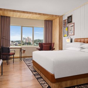 Comfort awaits you in our Deluxe King Room, which offers a king-size bed, a workspace, a flat-screen TV 49 inch and modern vintage decor.