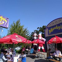 Outside the re-dressed restaurant for the Mooby's Pop-Up Experience.