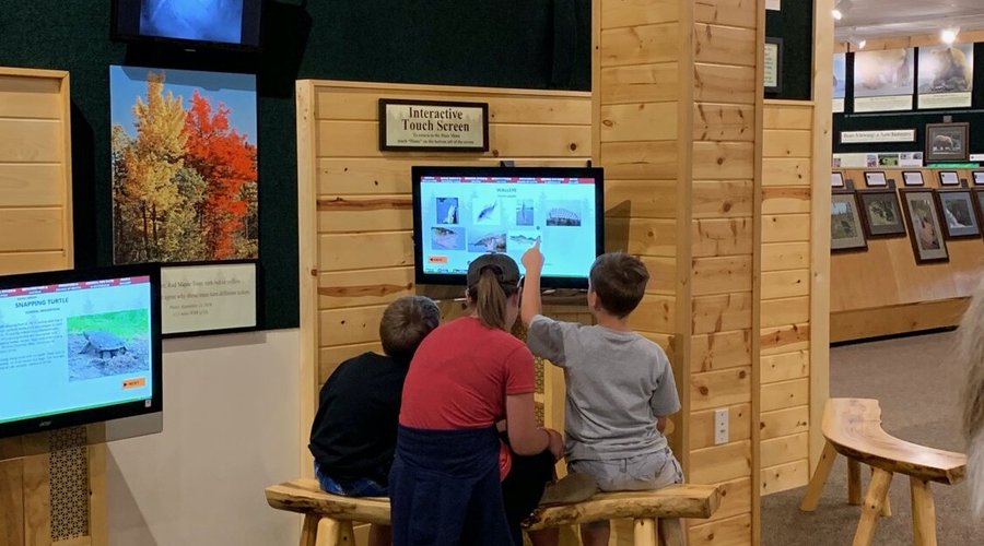 Our Northwoods Ecology Hall features the many animals that black bears encounter in northwoods habitats and includes the history and values of those habitats. Exhibits include a 660-gallon aquarium, terrariums with local reptiles and amphibians, a majestic bull moose mount, woodland caribou mount, and a 40-foot wildlife exhibit showcasing over 35 mammals and birds in seasonal habitat settings. 

Our touchscreen monitors make it easy for you to learn about all of these animals.
