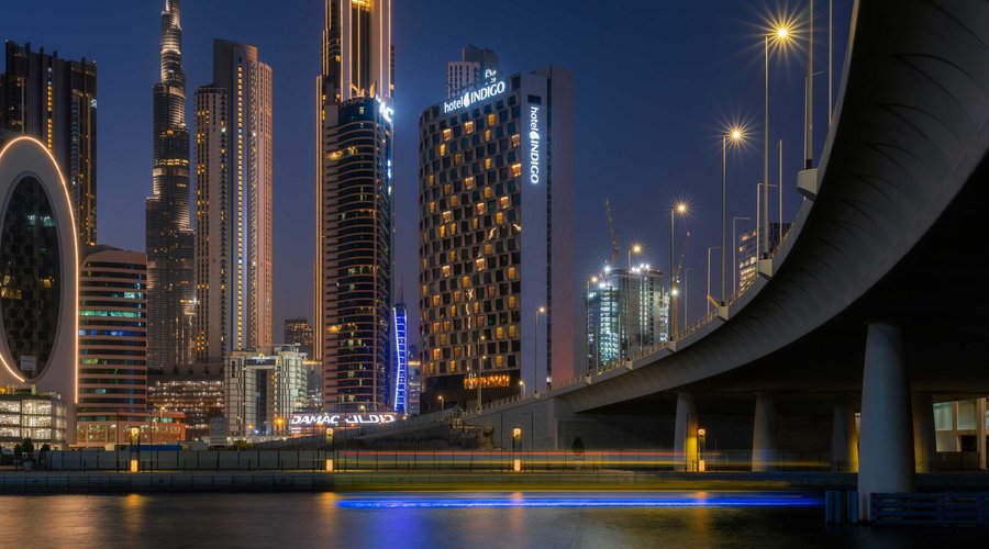 Hotel Indigo Dubai Downtown exterior with views of Dubai Creek