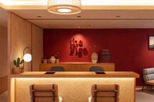 the Figo in Hong Kong, image may contain: Lighting, Interior Design, Table, Dining Room