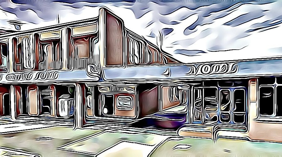 Painting of the hotel in bar area. 
