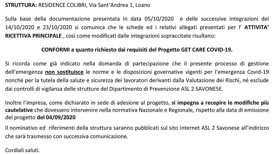 Certificato ASL2 savonese struttura sicura NO COVID19
