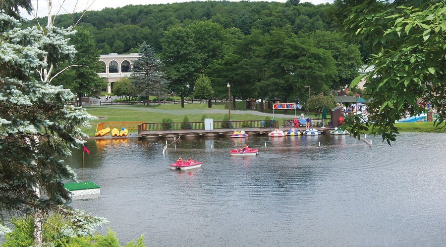 A view from our Zip Line of the hotels pond with bumper boats