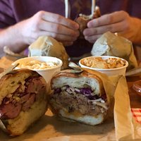 Half Pulled Pork, Half Sausage, Mac N Cheese, Potato Salad