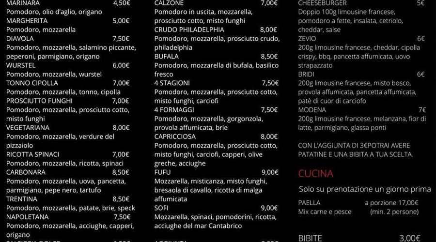 Menu da asporto e consegna a domicilio