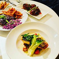 From left to right :
24 hour slow cooked sticky pork bbq ribs, sweet potato fries, red babe slaw
Anguillian jerk chicken wings, spicy buffalo sauce
Seared salmon fillet, wasabi new potatoes, box choi, smoked cherry tomatoes, soy & saffron sauce