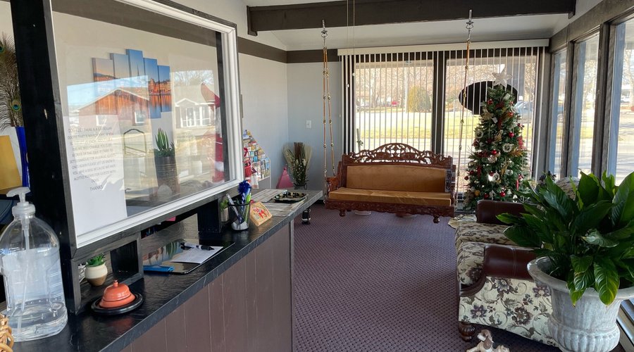 Lobby decorated for holidays