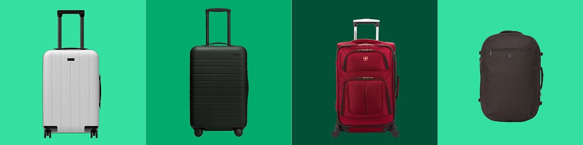 A collage of our top pick, the Away Carry On. The collage has a green background. The two suitcases are white and dark green.
