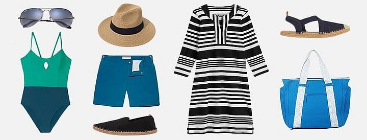 A collage of beach attire, including aviator sunglasses, a two-toned turquoise and blue one-piece women's swimsuit, a straw hat, a blue men's swimsuit, a women's cover up with horizontal black and white stripes and a large blue tote bag.