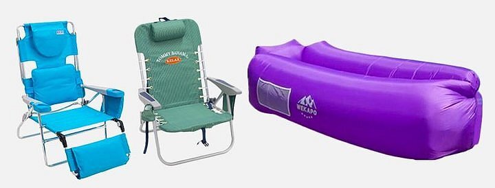 A collage including, a blue reclining beach chair with a footrest, a green folding beach chair, and purple inflatable couch.