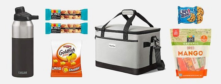 A collage of our top snack picks, including a steel insulated water bottle, Goldfish, Kind Bars, a silver cooler bag, and Chips Ahoy cookies.