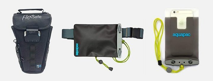 A collage including the FlexSafe by AquaVault, a black, slash-resistant pouch that can hang from your beach chair.  Also featured are two square water proof pouches.