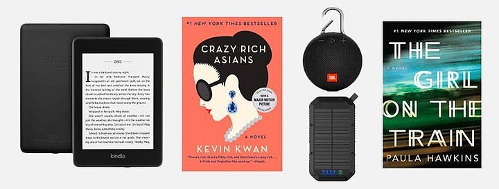 A collage of our beach entertainment picks, including an Amazon Kindle, a copy of book "Crazy Rich Asians," a waterproof speaker, and a copy of the book "The Girl On The Train."