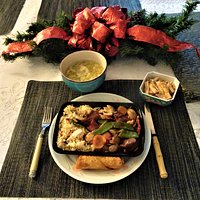 My Takeout Meal - Wonton Soup 1/2 Portion, Combination Platter of Roast Pork and Mushroom, Pork Fried Rice, Egg Roll & Chinese Noodles
