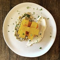 - polenta - crispy polenta fries on smashed rosemary and cannelloni beans