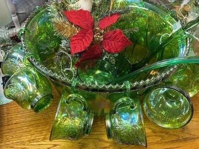 vintage green glass punch bowl