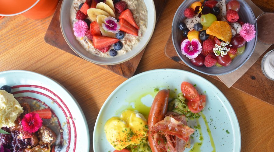 Breakfast looks good!  Clockwise - Housemade Bircher, Fruit Salad, Keto Brekkie and Berry French Toast from the Summer Menu 2020/2021.

