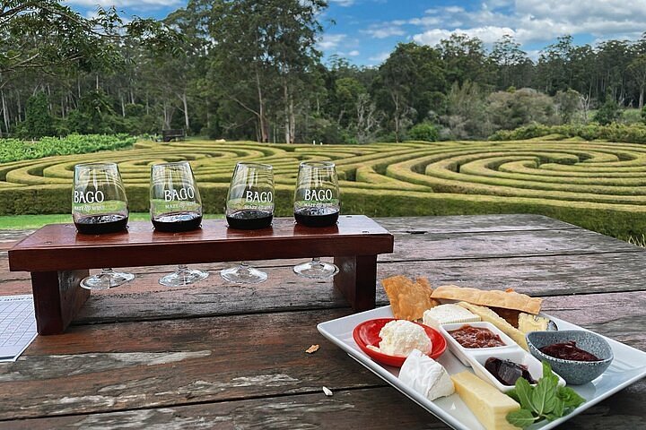 Degustação de vinhos e queijos com vista para o labirinto de sebes na Bago Maze and Wine, uma adega adequada para famílias em Port Macquarie, Nova Gales do Sul