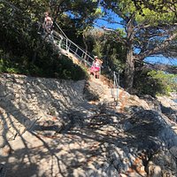 Coastal path swimming locations and access via Levanat restaurant.
